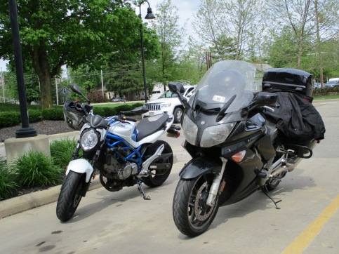 My buddy Paco's 2009 Suzuki SFV650 (left) and my 2008 Yamaha FJR1300 parked at the Turkey Hill on U.S. Route 23 in Delaware, Ohio.
